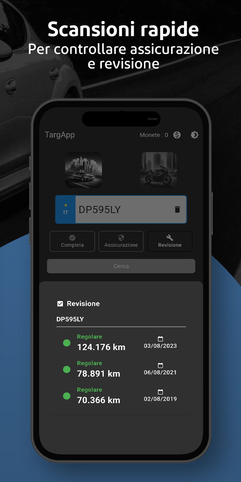 Screenshot TargApp: scansione rapida targa per verificare assicurazione e revisione